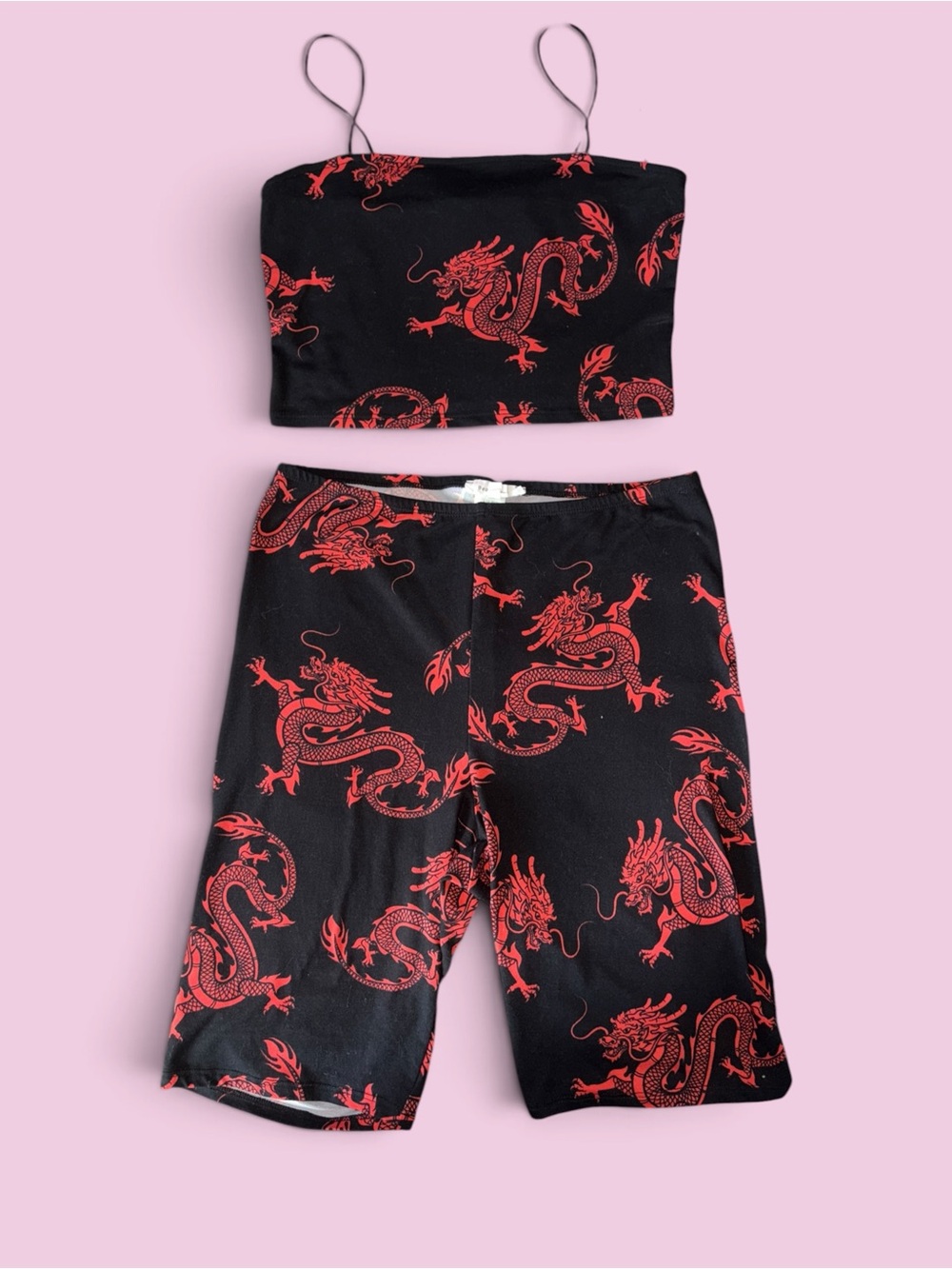 Dragon Print Crop Top & Biker Shorts Set - Black with Red Dragons